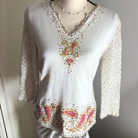 Berek 2 Valentine’s Day V-Neck white pink and gold sequin sweater size medium - Picture 1 of 11